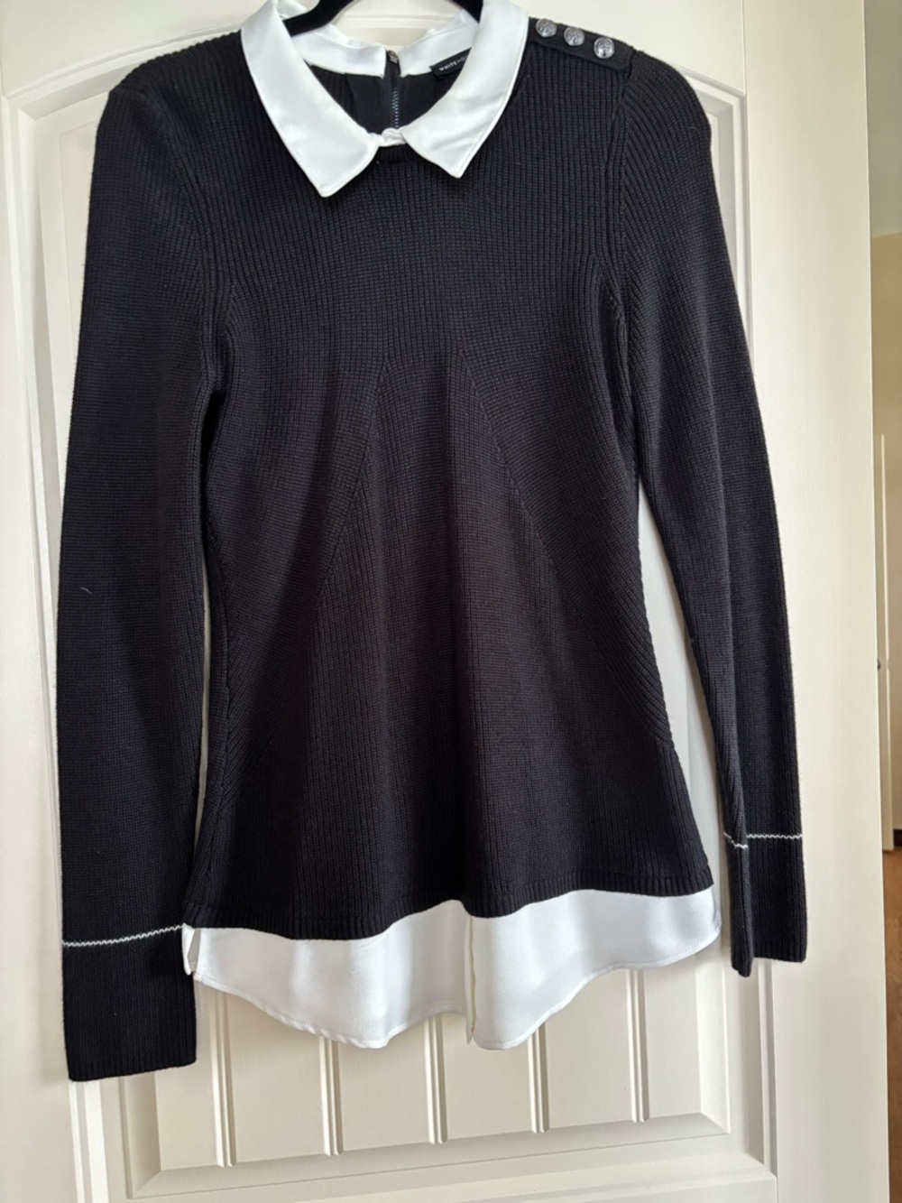 White House Black Market Black Sweater with White Collar & Hem